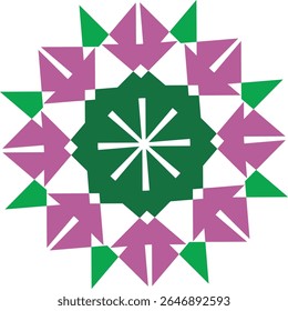 Geometric floral pattern with vibrant purple petals and fresh green accents.