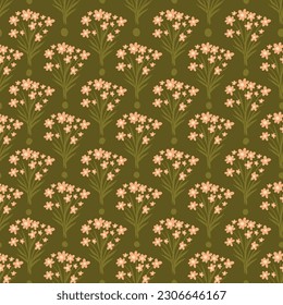 geometric floral pattern in warm colors. green seamless background with blooming bouquets. exquisite botanical wallpaper.