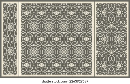 El patrón floral geométrico se traza en un patrón abstracto con círculos. Corte por láser de un panel decorativo. Plantilla para cortar contrachapado, madera, papel, cartón y metal.