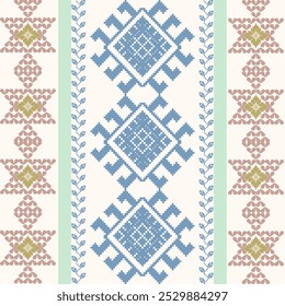 Geometric Floral Pixel Folk Art Pattern – Blue and Pink Symmetry with Ethnic Motifs for Digital Products, Fabric, and Home Decor