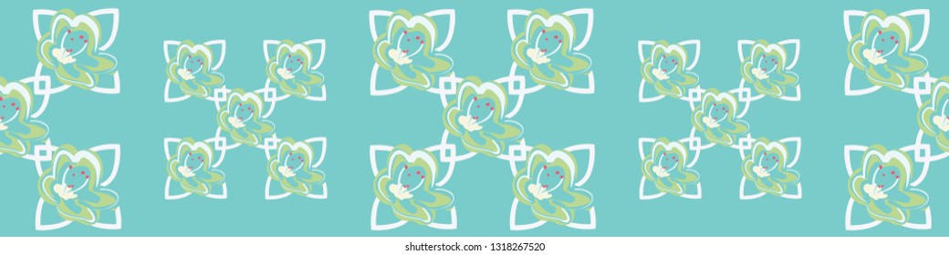 Geometric floral repeat vector border, great for textile edge seamless designs, banners, ribbon, trim, wallpaper borders, decorative tape and scrapbooking elements. Blues and greens, Asian flair.