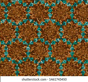 Geometric floral repeatable pattern with logarithmic spirals ornament imitating stained glass mosaic