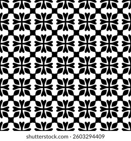 Geometric Floral Seamless Pattern in black and White. This decorative Design is available as an EPS file and is perfect for backgrounds, wallpapers, textile prints, web elements, and packaging.
