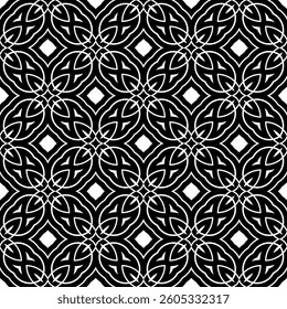 Geometric Floral Seamless Pattern in black and White. This decorative Design is available as an EPS file and is perfect for backgrounds, wallpapers, textile prints, web elements, and packaging.