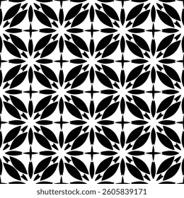 Geometric Floral Seamless Pattern in black and White. This decorative Design is available as an EPS file and is perfect for backgrounds, wallpapers, textile prints, web elements, and packaging.