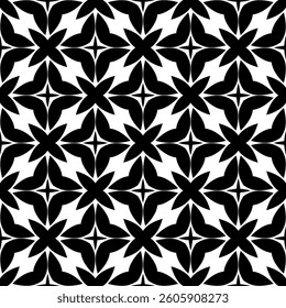 Geometric Floral Seamless Pattern in black and White. This decorative Design is available as an EPS file and is perfect for backgrounds, wallpapers, textile prints, web elements, and packaging.