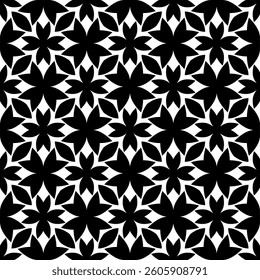 Geometric Floral Seamless Pattern in black and White. This decorative Design is available as an EPS file and is perfect for backgrounds, wallpapers, textile prints, web elements, and packaging.