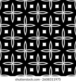 Geometric Floral Seamless Pattern in black and White. This decorative Design is available as an EPS file and is perfect for backgrounds, wallpapers, textile prints, web elements, and packaging.