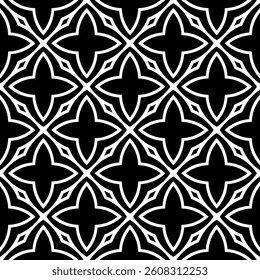Geometric Floral Seamless Pattern in black and White. This decorative Design is available as an EPS file and is perfect for backgrounds, wallpapers, textile prints, web elements, and packaging.