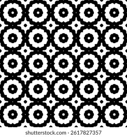 Geometric Floral Seamless Pattern in Black and White, EPS Vector Background. The repetitive vector design features sharp, symmetrical angles and abstract motifs. Delivered in high-quality EPS format.