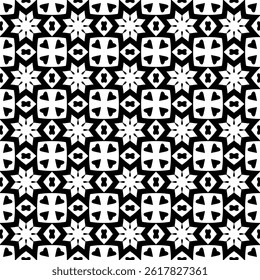 Geometric Floral Seamless Pattern in Black and White, EPS Vector Background. The repetitive vector design features sharp, symmetrical angles and abstract motifs. Delivered in high-quality EPS format.
