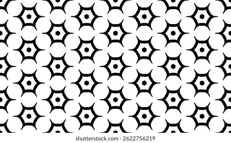 Geometric Floral Seamless Pattern in Black and White, EPS Vector Background. The repetitive vector design features sharp, symmetrical angles and abstract motifs. Delivered in high-quality EPS format.