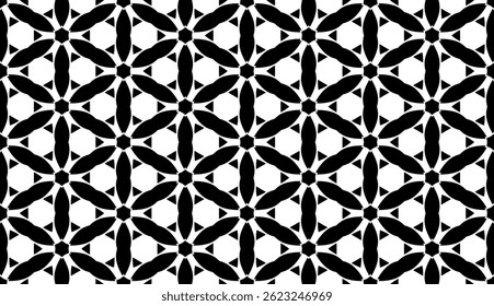 Geometric Floral Seamless Pattern in black and White. This decorative Design is available as an EPS file and is perfect for backgrounds, wallpapers, textile prints, web elements, and packaging.