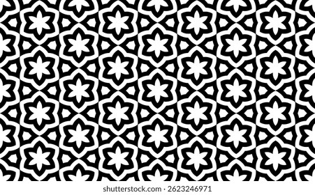 Geometric Floral Seamless Pattern in black and White. This decorative Design is available as an EPS file and is perfect for backgrounds, wallpapers, textile prints, web elements, and packaging.