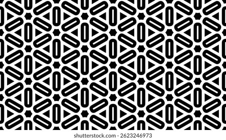 Geometric Floral Seamless Pattern in black and White. This decorative Design is available as an EPS file and is perfect for backgrounds, wallpapers, textile prints, web elements, and packaging.