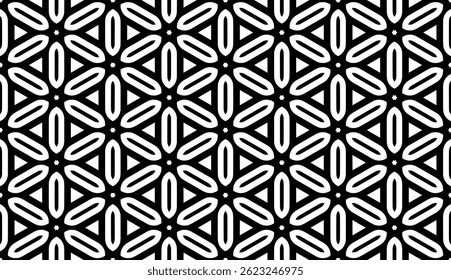 Geometric Floral Seamless Pattern in black and White. This decorative Design is available as an EPS file and is perfect for backgrounds, wallpapers, textile prints, web elements, and packaging.