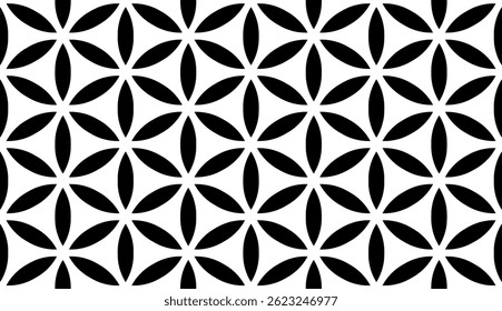 Geometric Floral Seamless Pattern in black and White. This decorative Design is available as an EPS file and is perfect for backgrounds, wallpapers, textile prints, web elements, and packaging.