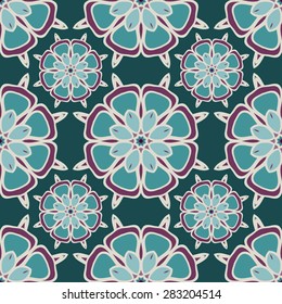 Geometric Floral seamless pattern in blue and purple colors. Vector illustration.