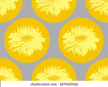 Geometric floral seamless pattern with Chrysanthemum Ultimate Gray on Yellow Illuminating rounded shape. Closeup grey silhouettes flowers in full bloom. Colors trend 2021 hand drawn vector graphic.
