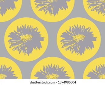 Geometric floral seamless pattern with Chrysanthemum Ultimate Gray on Yellow Illuminating rounded forms. Closeup grey silhouettes flowers in full bloom. Pantone color trend hand drawn vector graphic