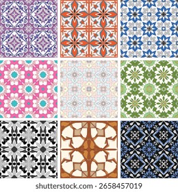 Geometric Floral Seamless Pattern Collection – Set of 9 Vector Wallpapers for Tiles, Fabric, and Backgrounds