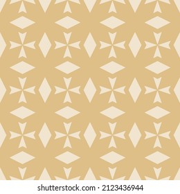 Geometric floral seamless pattern in gothic style. Vector gold ornamental background. Abstract leaf ornament. Beautiful golden ornament texture with diamonds, crosses, flower shapes, arrows, grid