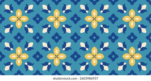 Geometric floral seamless pattern. Mediterranean ornament. Folk motif. Arabesque, mosaic, decorative tiles. Background, print, wallpaper. Vector.