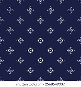 Geometric floral seamless pattern with a minimalist style on a navy blue background. Design for wallpapers, textiles, gift wrapping, digital prints, or elegant fabric designs. Vector illustration.