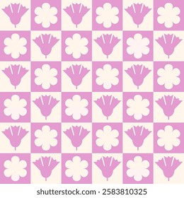 Geometric floral seamless pattern on a chessboard. Pink minimalistic retro style pattern for wallpaper, home decor, wrapping paper and posters.