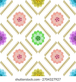 Geometric floral Seamless Pattern with Pastel and Retro Botanical Motifs
