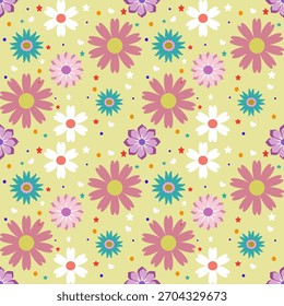 Geometric floral Seamless Pattern with Pastel and Retro Botanical Motifs