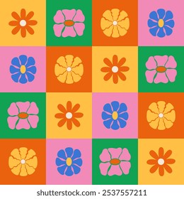 Geometric floral seamless pattern in retro groovy style. Vector flat psychedelic background with colorful daisy flowers