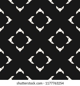 Geometric floral seamless pattern. Simple vector abstract texture with curved shapes, flower silhouettes. Elegant black and white ornamental background. Stylish dark design for decor, wallpapers, wrap
