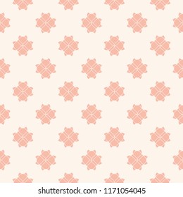 Geometric floral seamless pattern. Subtle vector abstract texture with curved shapes, floral silhouettes. Elegant background in oriental style. Delicate white and light pink ornament. Repeat design 