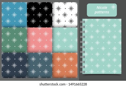 Geometric floral seamless patterns of white elements and dots. Repeat background with dots and petals. Vector illustration for cover, templates, backdrop, scrapbook, wrapping paper, cards, textile.