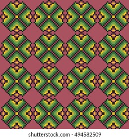 Geometric floral seamless stitching pattern on a pink background. Pixel art. Vector illustration