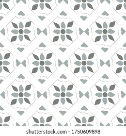 Geometric floral seamless tiles vector pattern. Mediterranean seamless gray design. Portuguese or spanish retro old mosaic tiles. Decorative textile background.