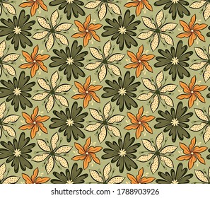 Geometric floral seamless vector pattern, Flowers and leaves botanical garden background texture.