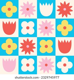 Geometric floral seamless vector pattern. Bright, fun colorful flowers in a scandi style. Modern retro background, checkered wallpaper print. 