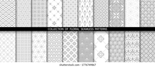 Geometric floral set of seamless patterns. Gray and white vector backgrounds. Simple illustrations.