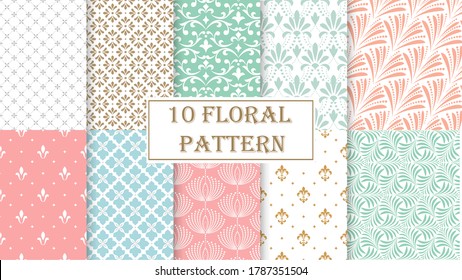 Geometric floral set of seamless patterns. Color and white vector backgrounds. Simple illustrations
