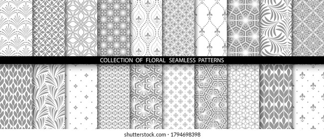 Geometric floral set of seamless patterns. Gray and white vector backgrounds. Simple illustrations.