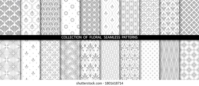 Geometric floral set of seamless patterns. Gray and white vector backgrounds. Simple illustrations.