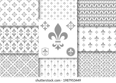 Geometric floral set of seamless patterns. Gray and white vector backgrounds. Simple illustrations.