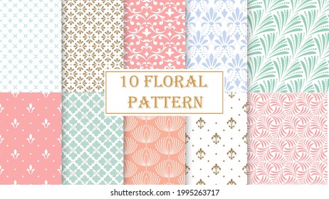 Conjunto floral geométrico de patrones sin soldadura. Fondos vectoriales de color. Ilustraciones simples