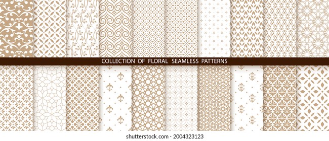 Conjunto floral geométrico de patrones sin soldadura. Fondos vectoriales dorados y blancos. Ilustraciones simples