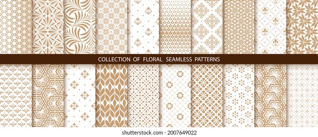 Geometric floral set of seamless patterns. Gold and white vector backgrounds. Simple illustrations