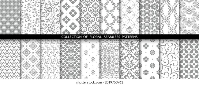 Geometrisches Blumenmuster aus nahtlosen Mustern. Graue und weiße Vektorhintergründe. Einfache Illustrationen.