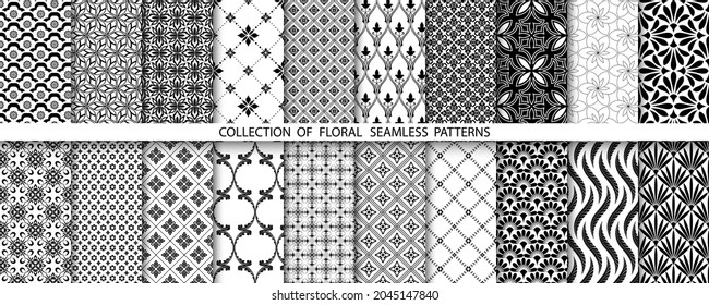 Geometric floral set of seamless patterns. Black and white vector backgrounds. Simple illustrations