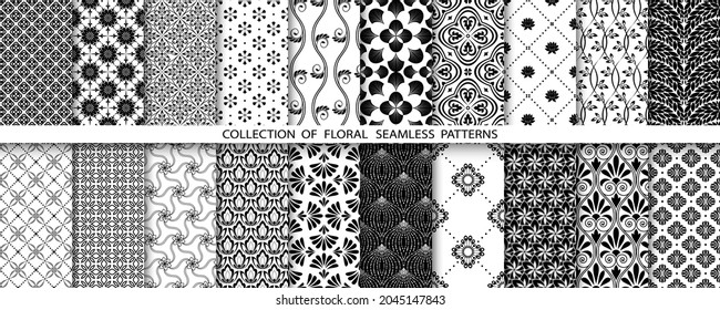 Geometric floral set of seamless patterns. Black and white vector backgrounds. Simple illustrations
